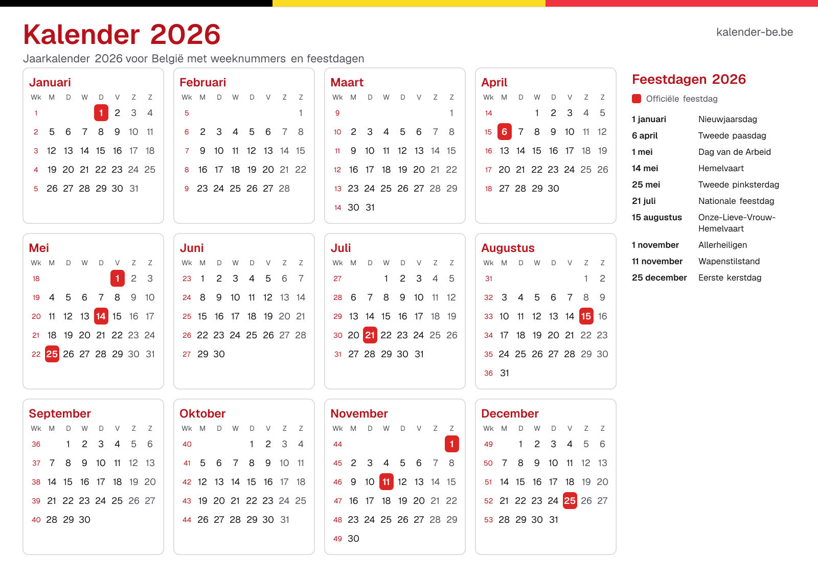 Kalender 2026 met weeknummers en feestdagen