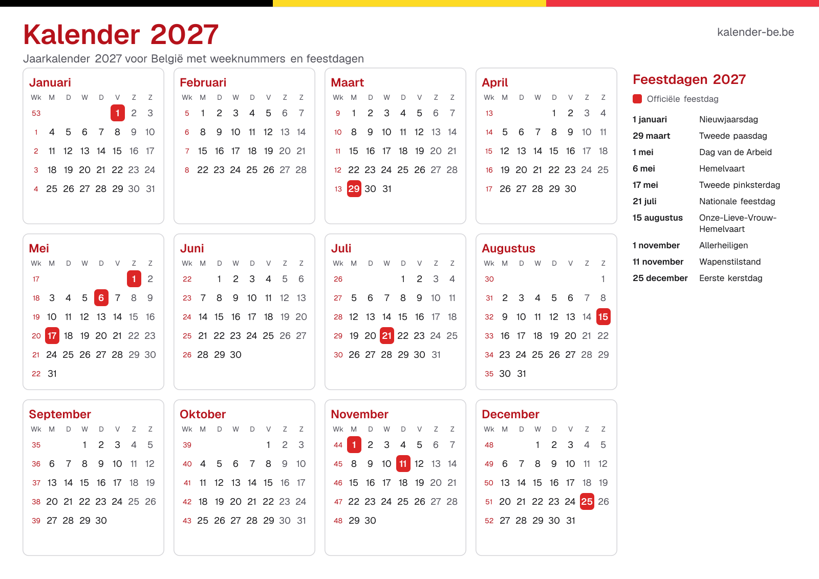 Kalender 2027 met weeknummers en feestdagen
