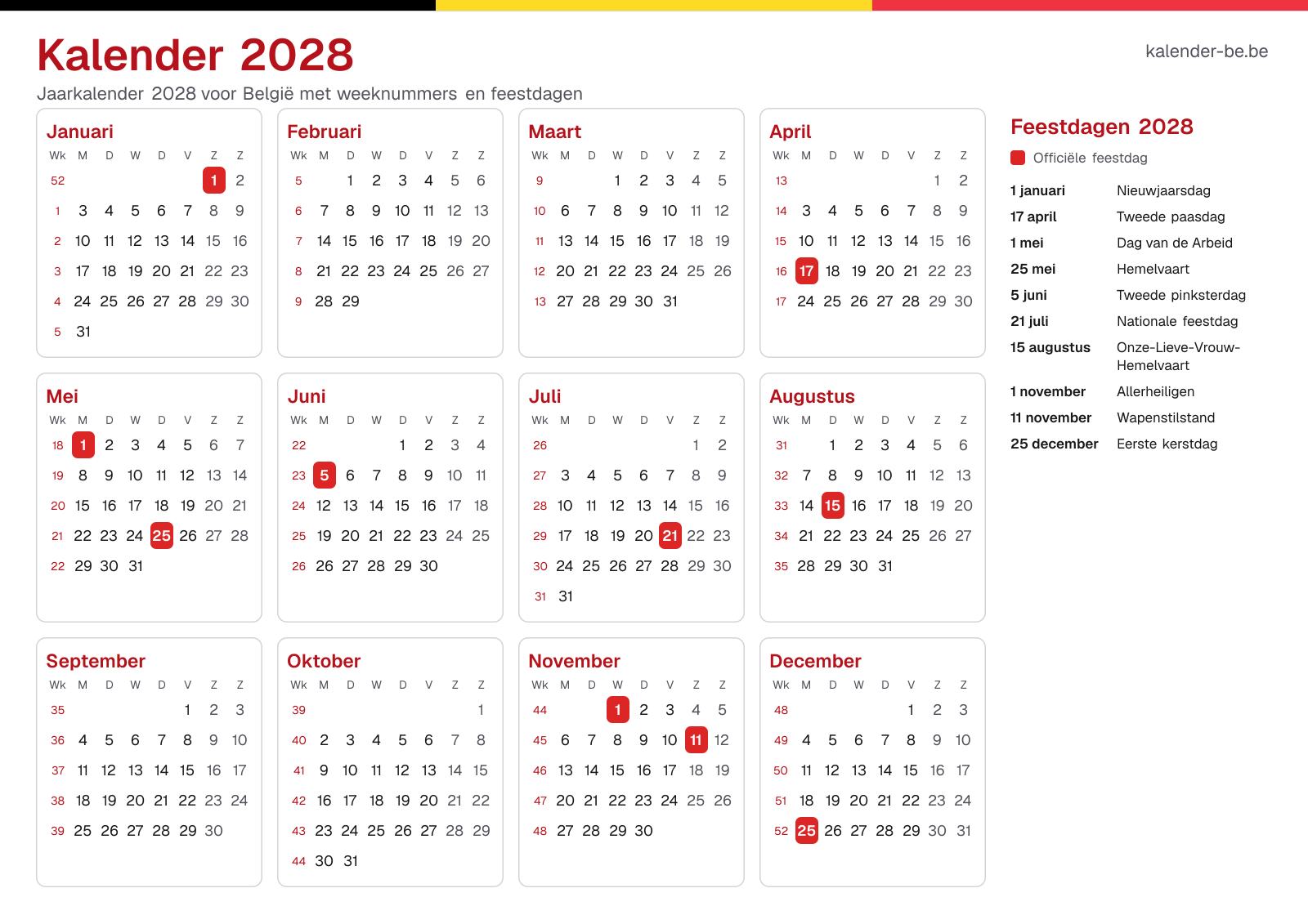 Kalender 2028 met weeknummers en feestdagen