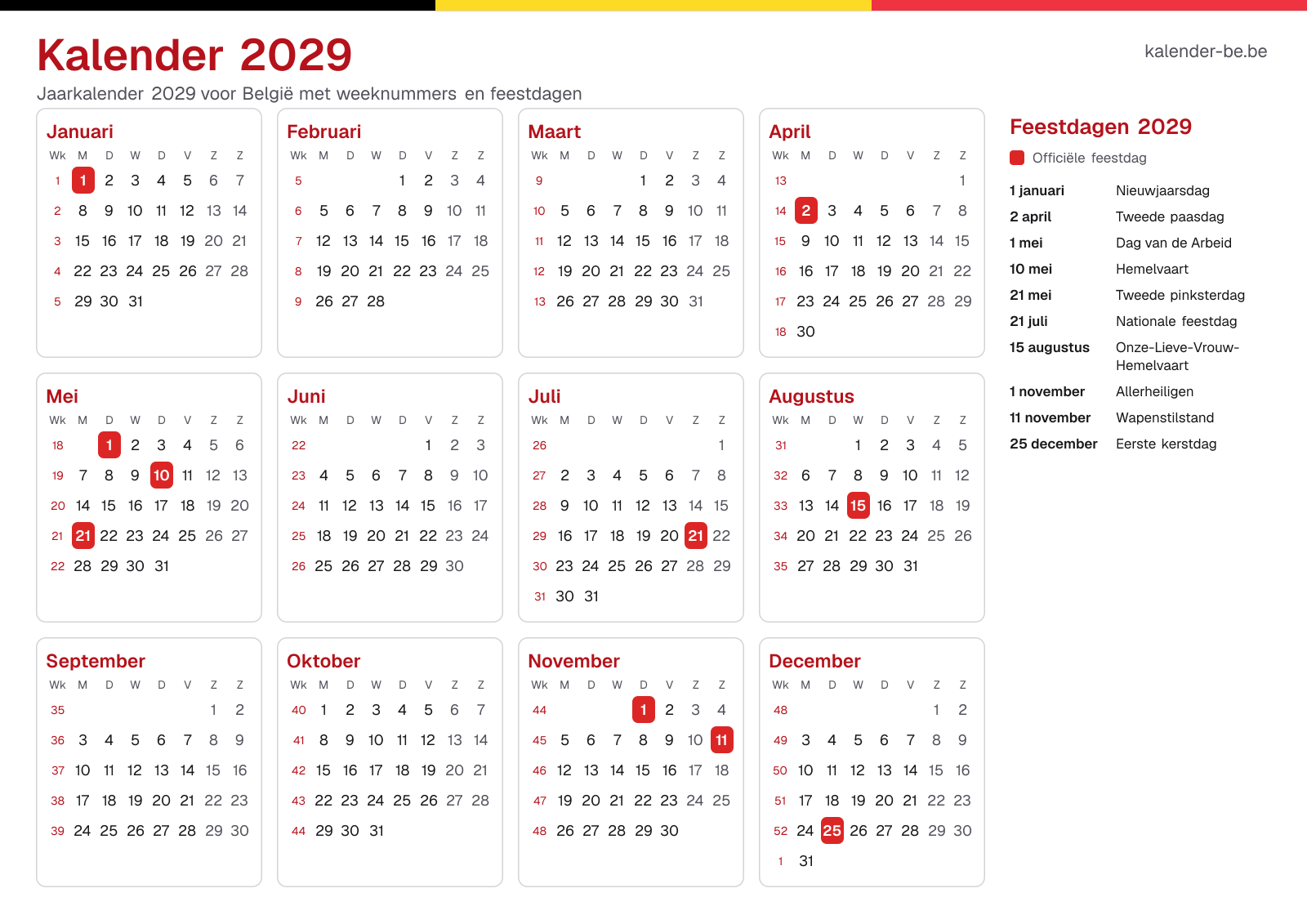 Kalender 2029 met weeknummers en feestdagen