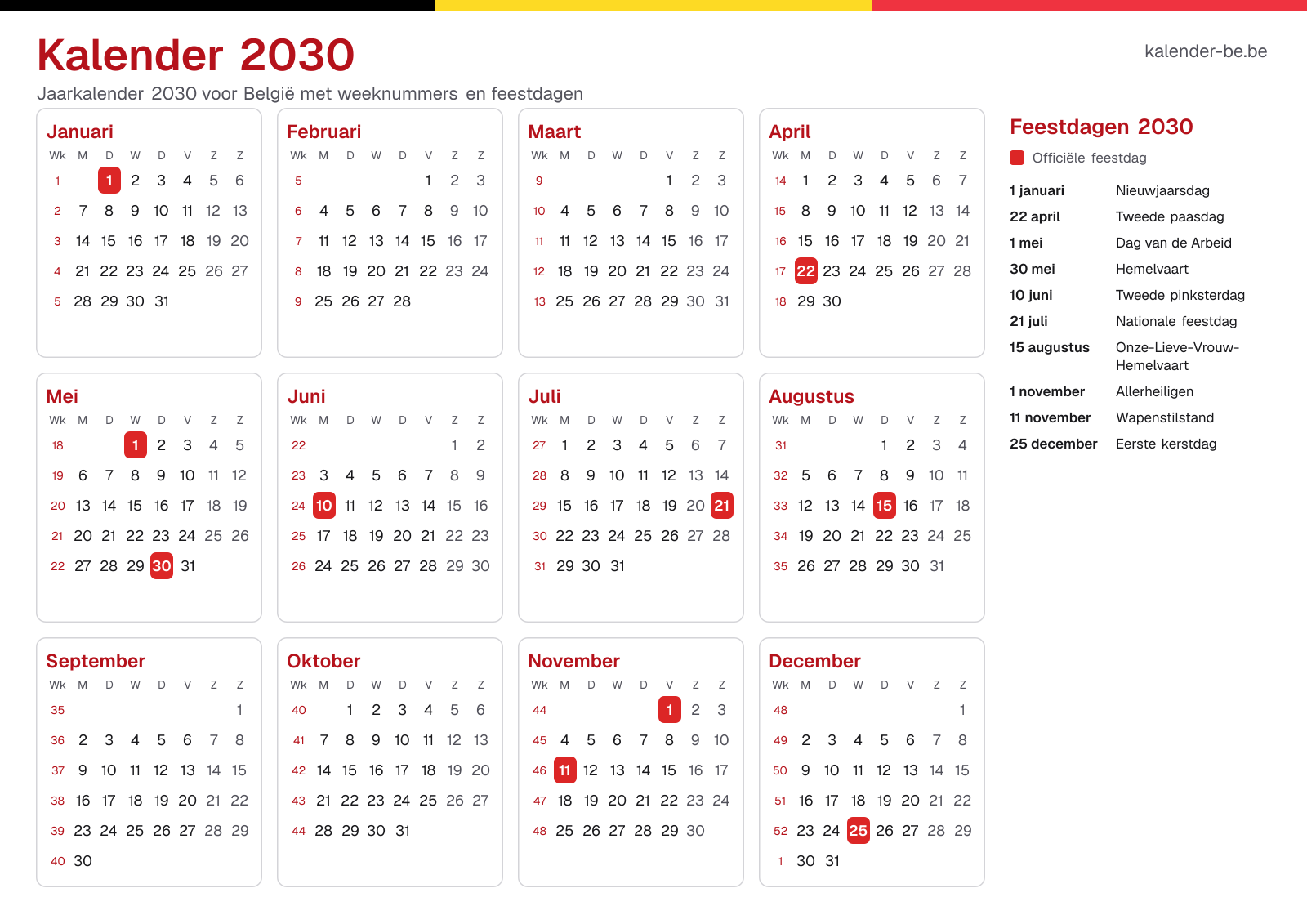 Kalender 2030 met weeknummers en feestdagen