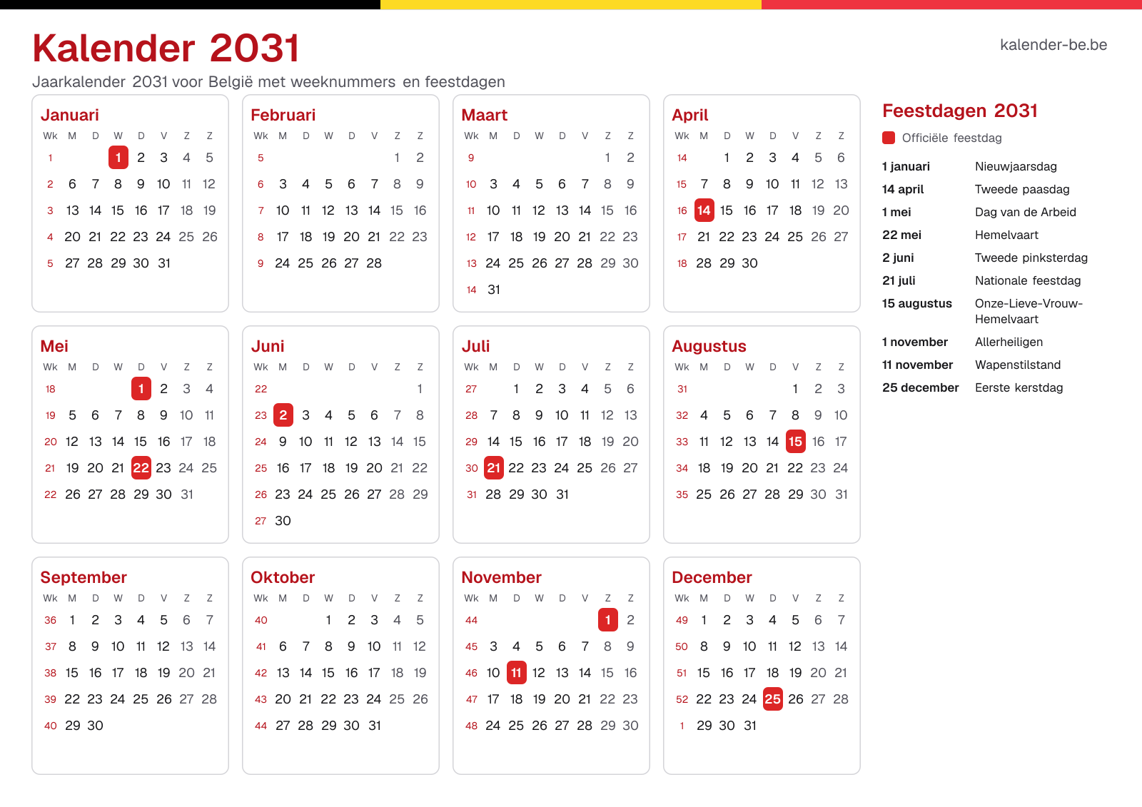 Kalender 2031 met weeknummers en feestdagen